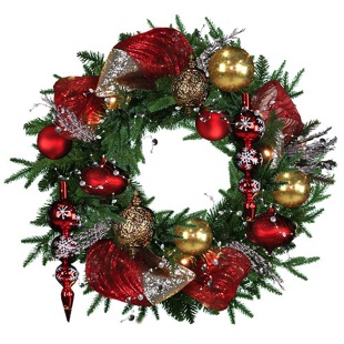 artificial christmas wreath, 24 inches wreath, fully decorated, red, gold, red ribbons, traditional colors, ries, pine cones-glossy ornaments, matt ornaments, easy assembly, red and gold theme